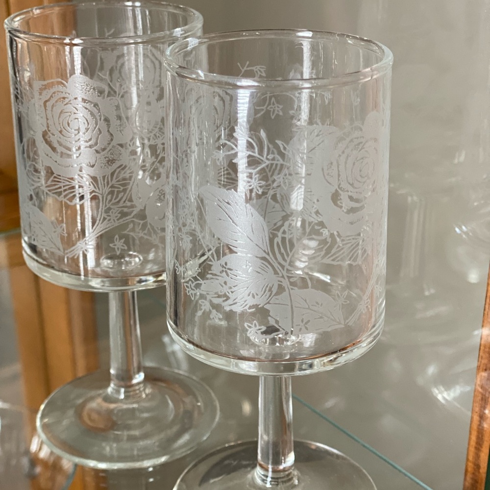 Set of 2 beautifully etched cordial glasses